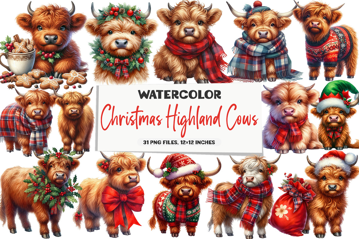 Christmas Highland Cows Clipart, an Illustration by DreamArtGraphic (Photo 1 of 5)