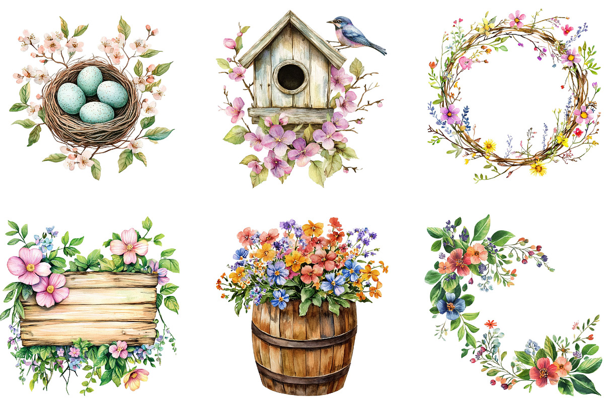 Watercolor Rustic Spring Clipart, an Illustration by Designking (Photo 4 of 5)