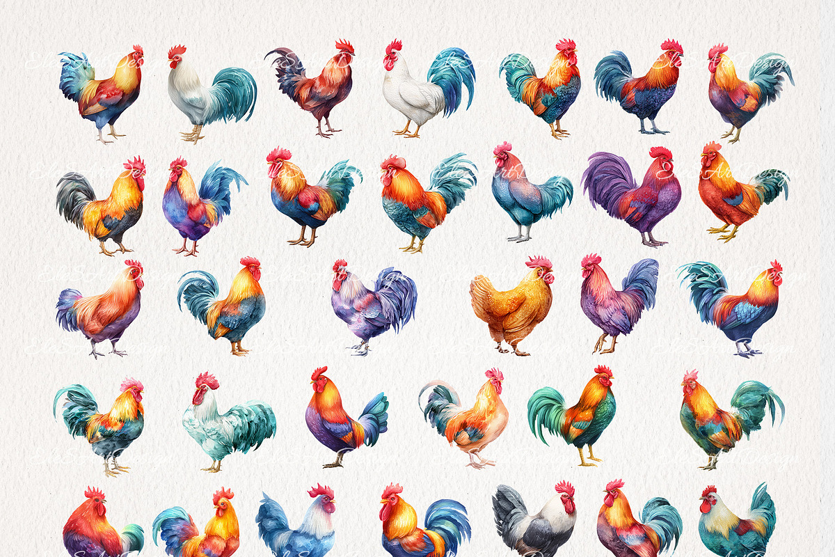 Rooster Watercolor Clipart 33 PNG, an Animal Illustration by EleSArtDesign (Photo 2 of 4)