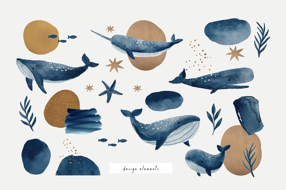 Magic ocean whales. Blue and gold, an Animal Illustration by Cute And Wild (Photo 5 of 6)
