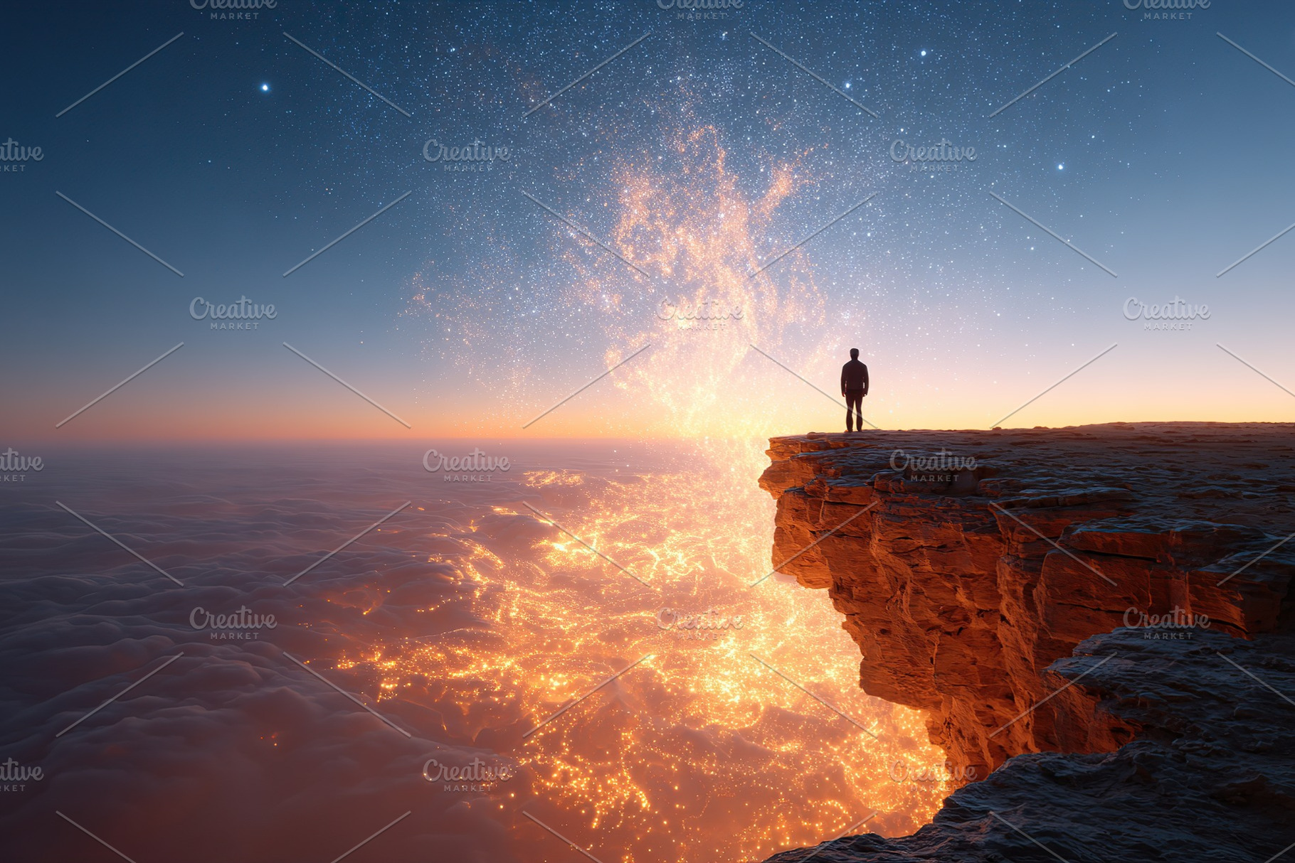 Person standing at the edge of cliff watching sunset over glowing landscape and, a Photo by AlyaAnd