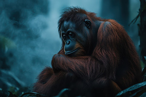 Orangutan in rainforest pensive mood, an Animal Photo by Pixeness Studio