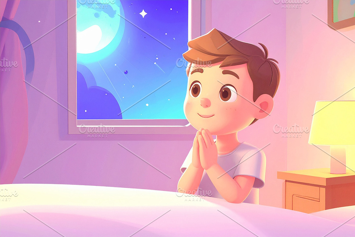 Cute Boy Praying at Bedtime Illustration, a Person Illustration by Davizro's Market