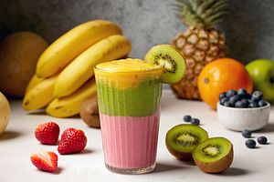 Fresh Layered Smoothie and Fruits, a Food & Drink Photo by zeStudioPhoto