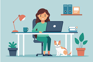 Woman working at desk with cat by, an Object Illustration by LaVika