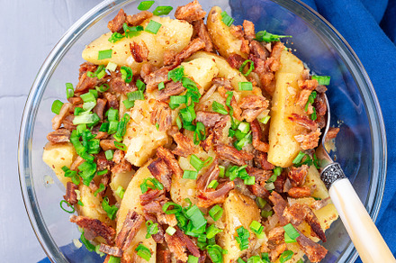 Bacon and onion potato salad dressed with apple cider vinegar and mustard, vert, a Food & Drink Photo by iuliia_n