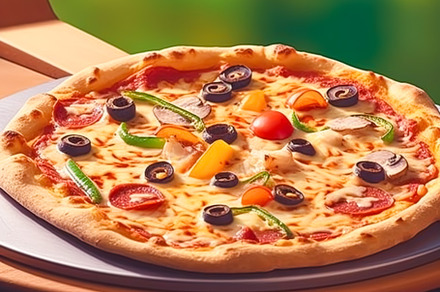 Pizza capricciosa homemade outdoors in the garden, online delive, a Photo by Anneleven