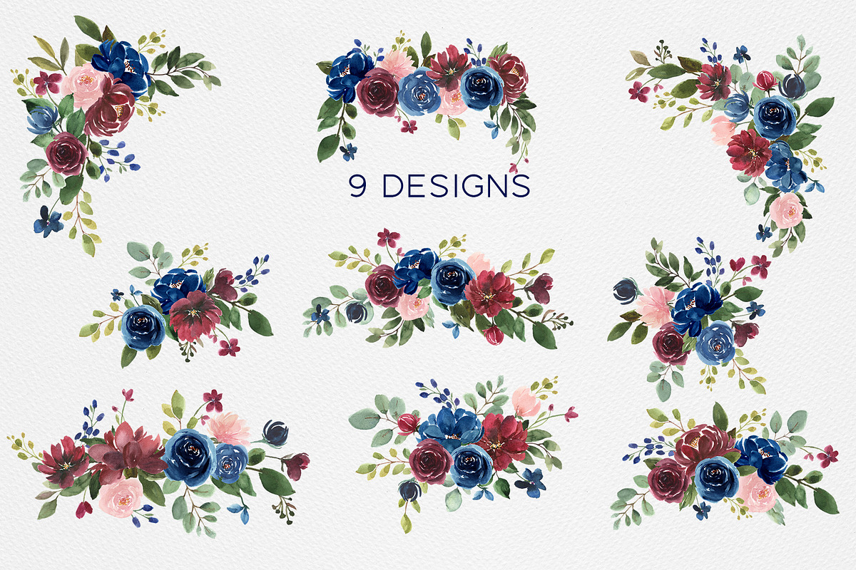 Burgundy, Navy Blue & Blush Flowers, an Illustration by Graphic Blue Bird (Photo 2 of 6)