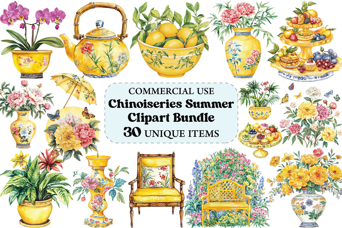 Yellow Chinoiseries Summer Clipart, an Illustration by Craft Nest (Photo 1 of 5)