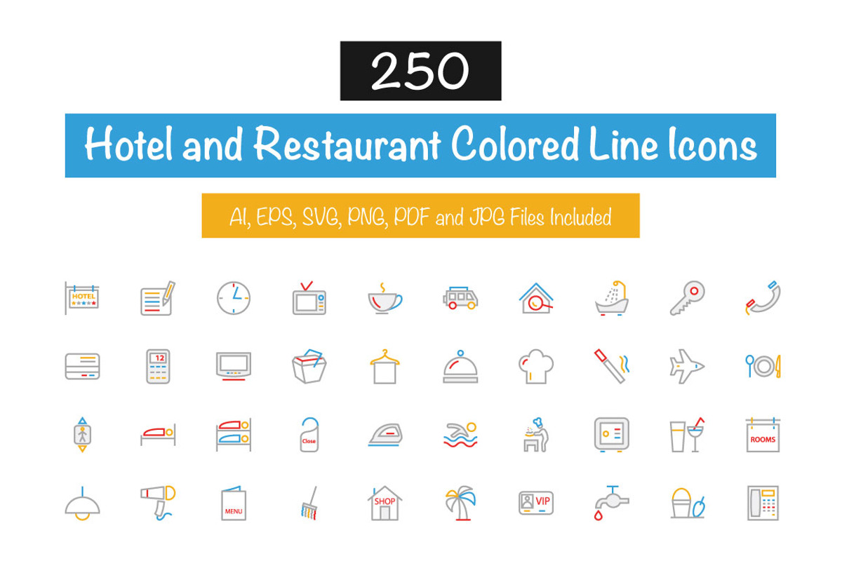 250 Hotel Colored Line Icons, an Outline Icon by Creative Stall (Photo 1 of 4)