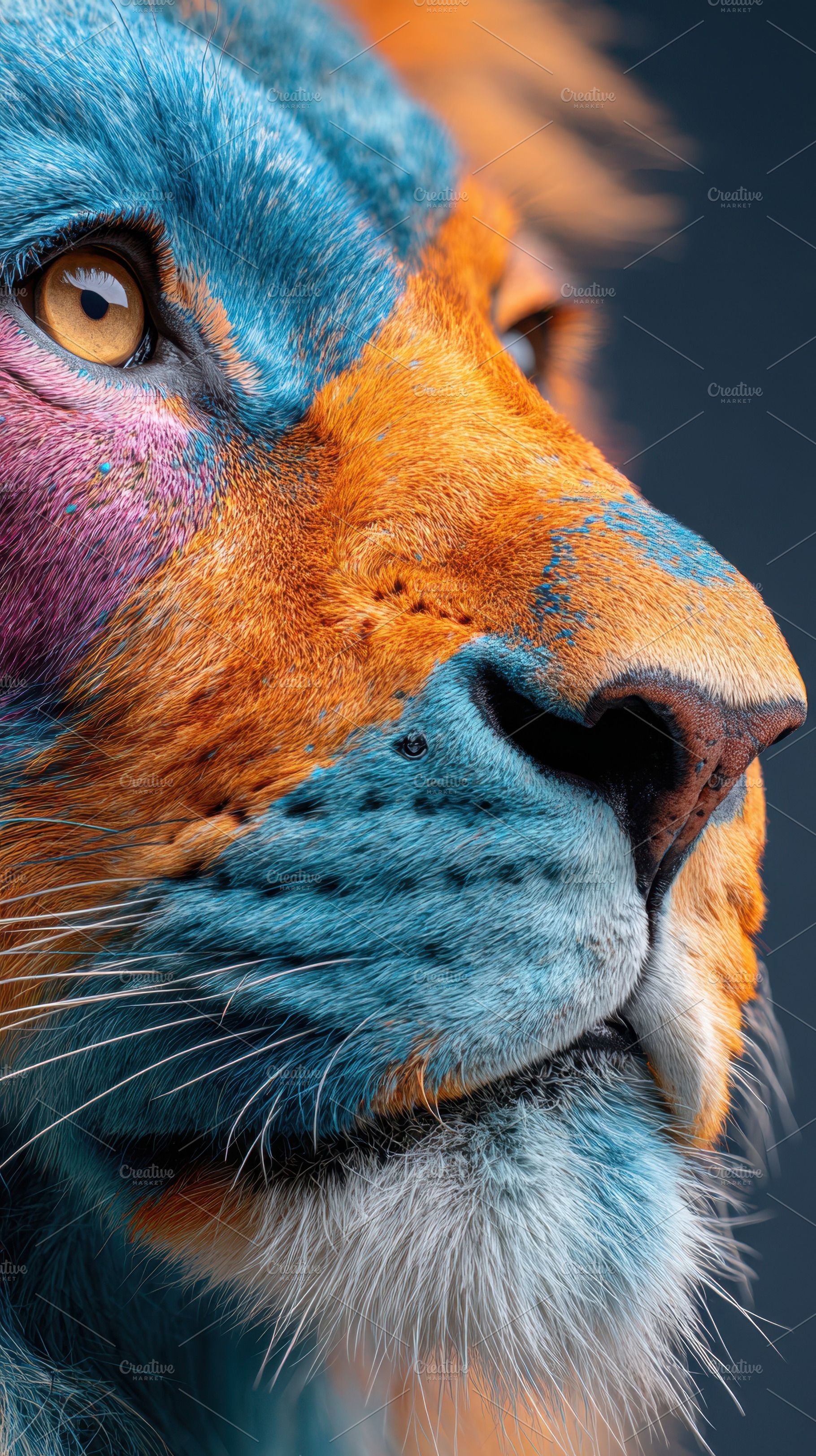 Colorful lion portrait with artistic patterns, an Animal Photo by AlyaAnd