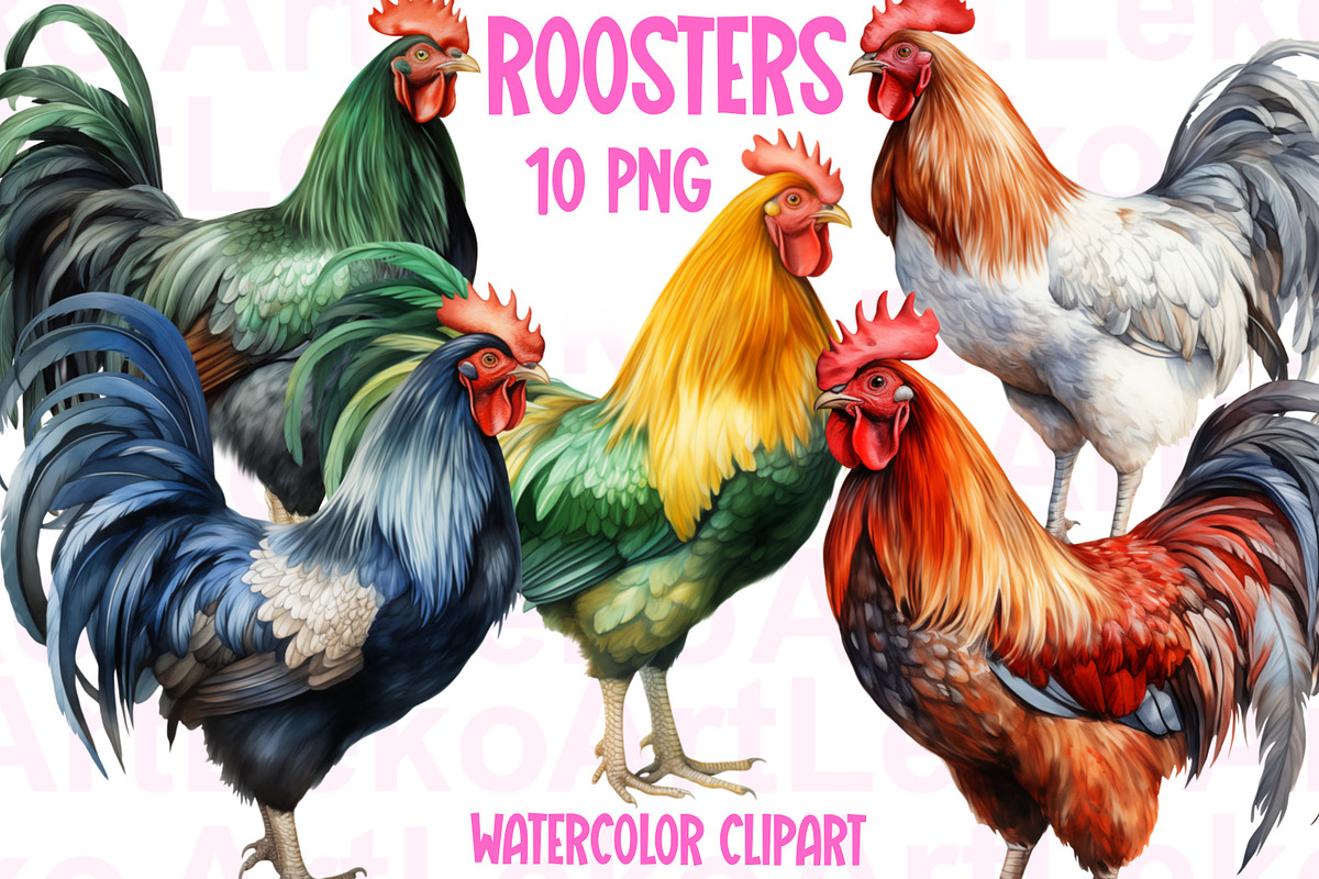 Roosters Clipart, an Animal Illustration by LekoArt (Photo 1 of 10)