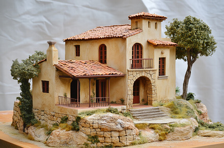 A detailed model of a rustic Mediterranean house with a tiled roof, stone walls, an Architecture Photo by Textures & Backgrounds