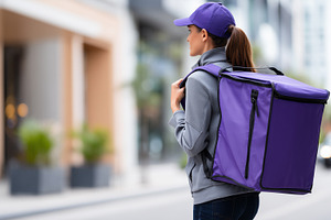 Female courier with purple insulated, a Business Photo by MistyDay