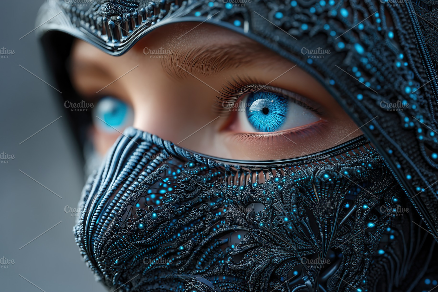 Intricate mask design highlighting striking blue eyes with detailed patterns an, a Beauty & Fashion Photo by AlyaAnd