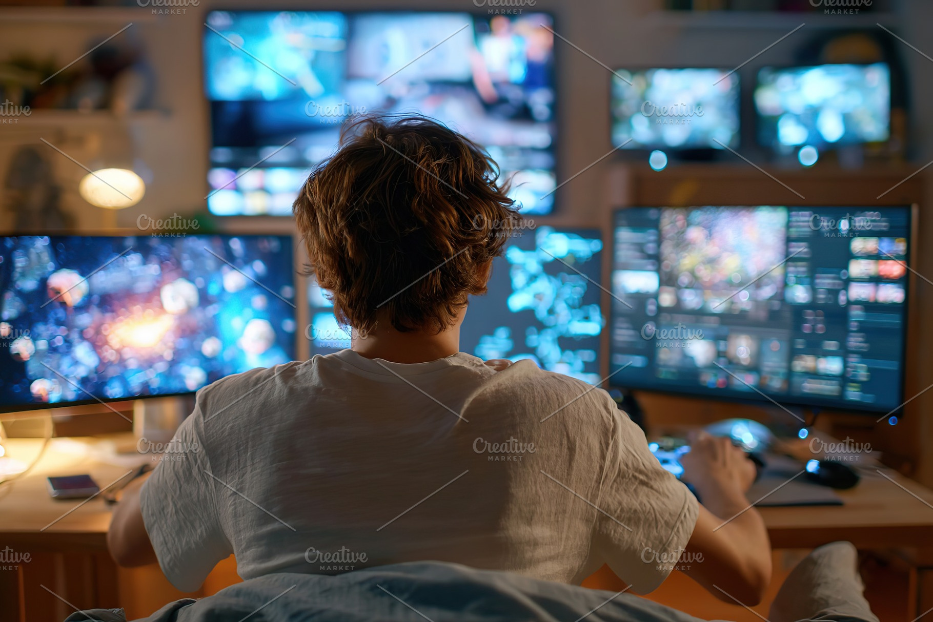 Person engaged with multiple screens in a modern bedroom workspace at night, a Photo by AlyaAnd