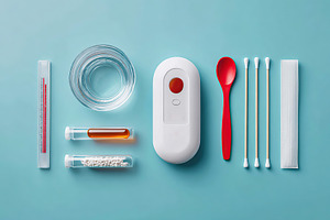 Compact AI diagnostics setup with various medical tools and supplies on a blue, a Photo by AlyaAnd