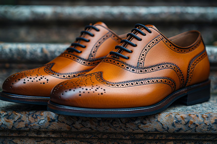 Elegant brown leather men's dress shoes on textured stairs, a Photo by AS photostudio