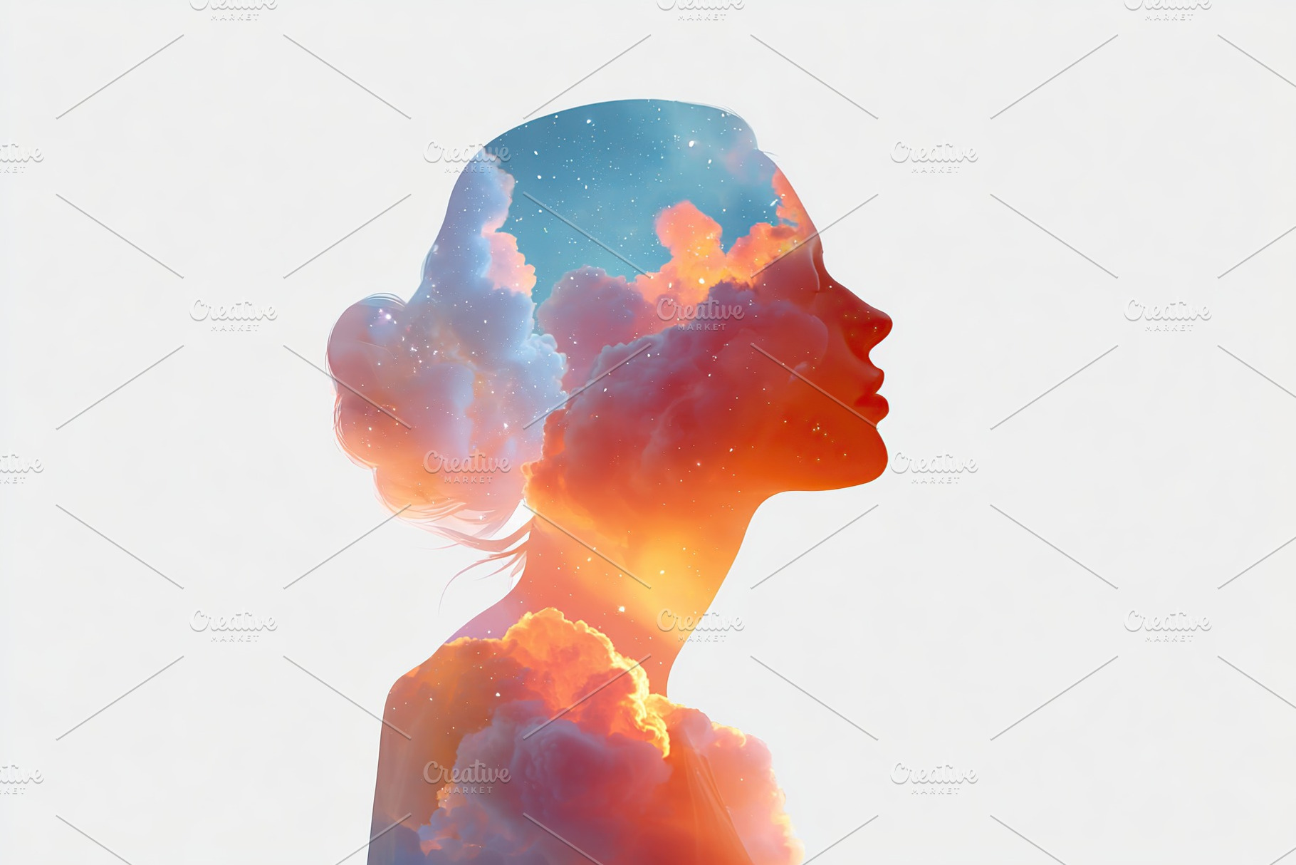 Human silhouette filled with vibrant clouds and a colorful sky at sunset, a Photo by AlyaAnd