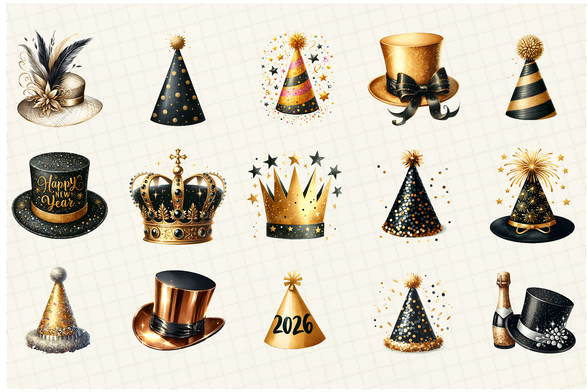 Black and Gold New Year Hat Clipart, an Illustration by DreamCafeArt (Photo 4 of 8)
