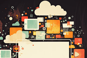 Creative visualization of a laptop surrounded by multimedia and cloud icons, an Illustration by AS photostudio