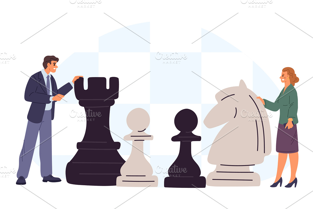 Man and woman with big chess pieces, a Person Illustration by Vectorbuum