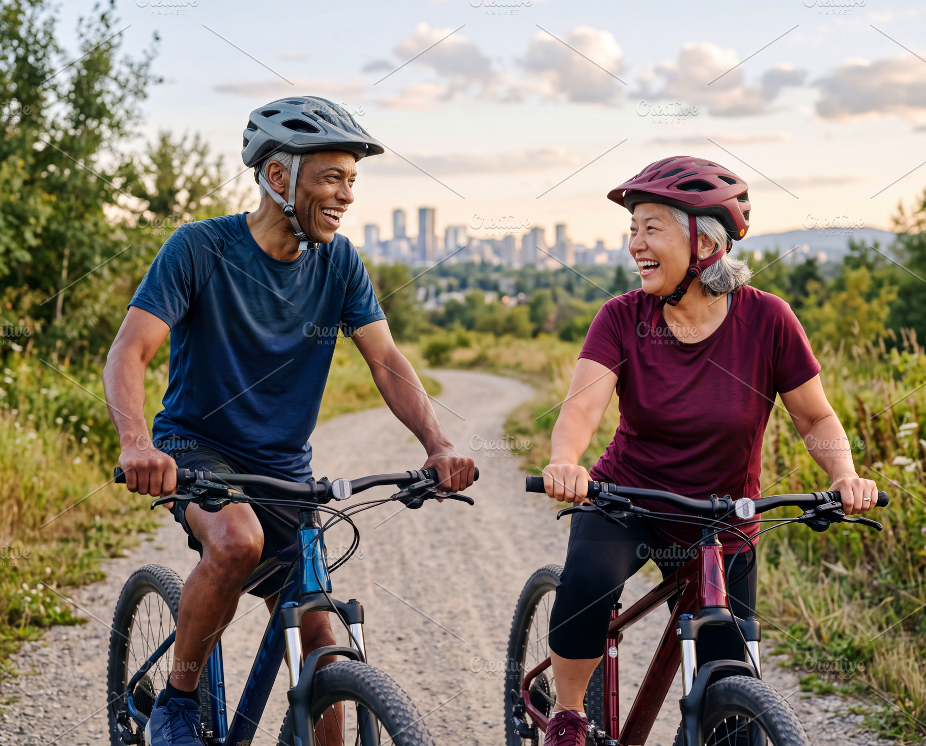 Front view of smiling multiracial senior couple riding bicycles, a Sports & Recreation Photo by Volff