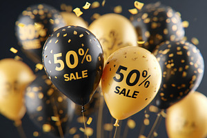 Black and Gold Sale Balloons with Confetti, a Holiday Photo by AlyaAnd