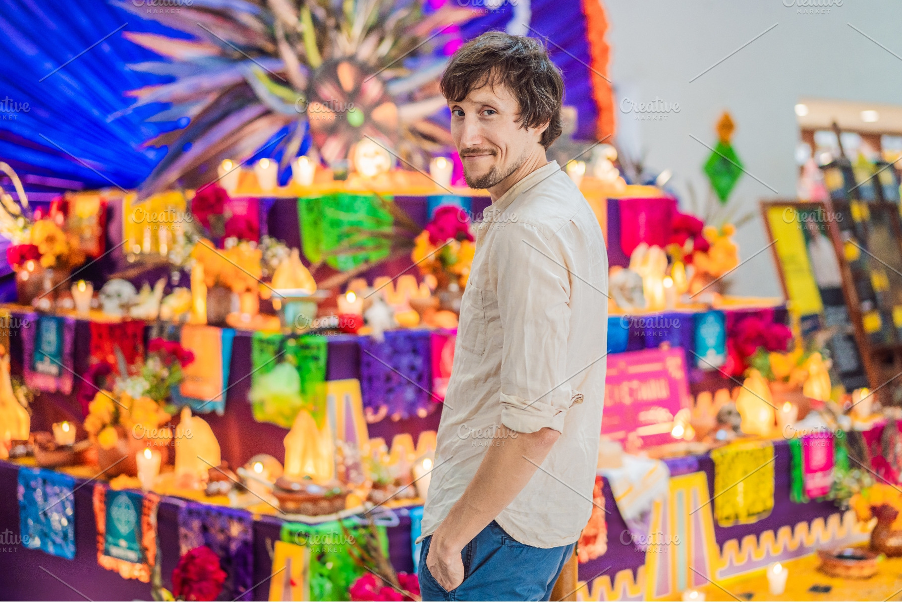 Man visiting a colorful Day of the, a Person Photo by Elizaveta Galitskaya