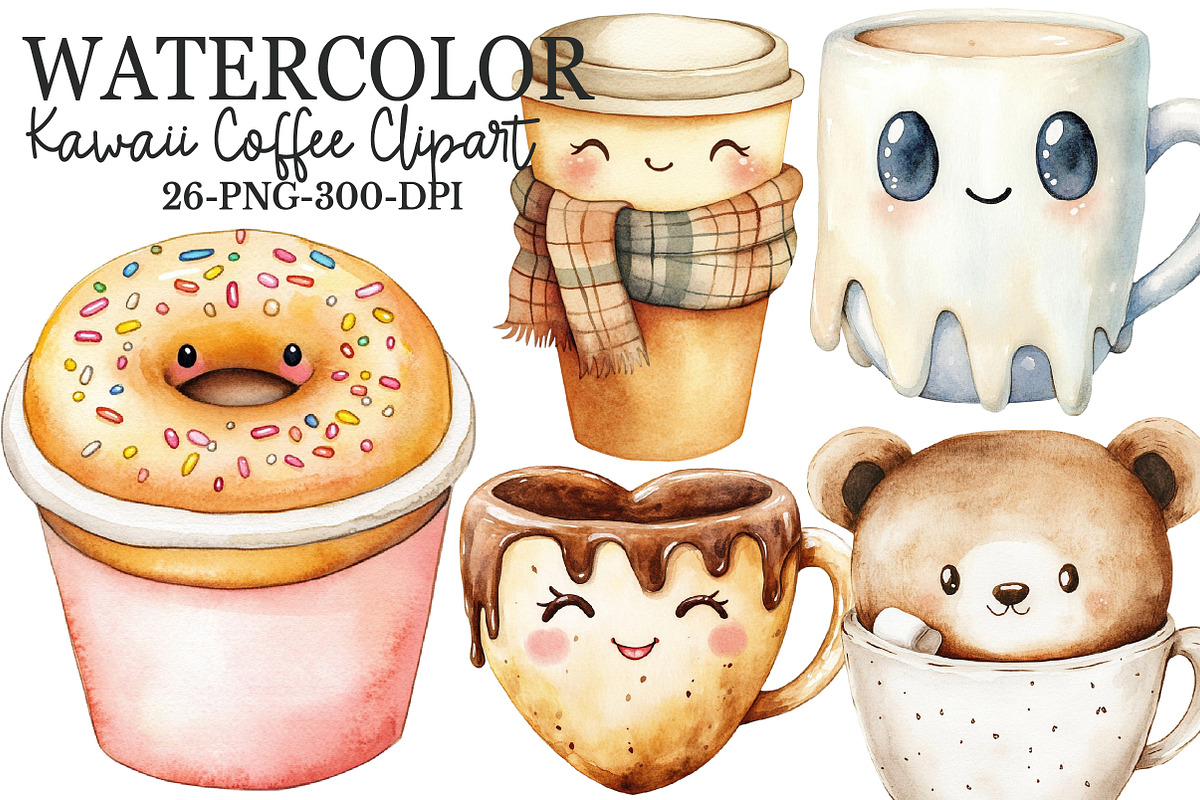 Watercolor Kawaii Coffee Cup Clipart, an Illustration by Rose Art (Photo 1 of 3)