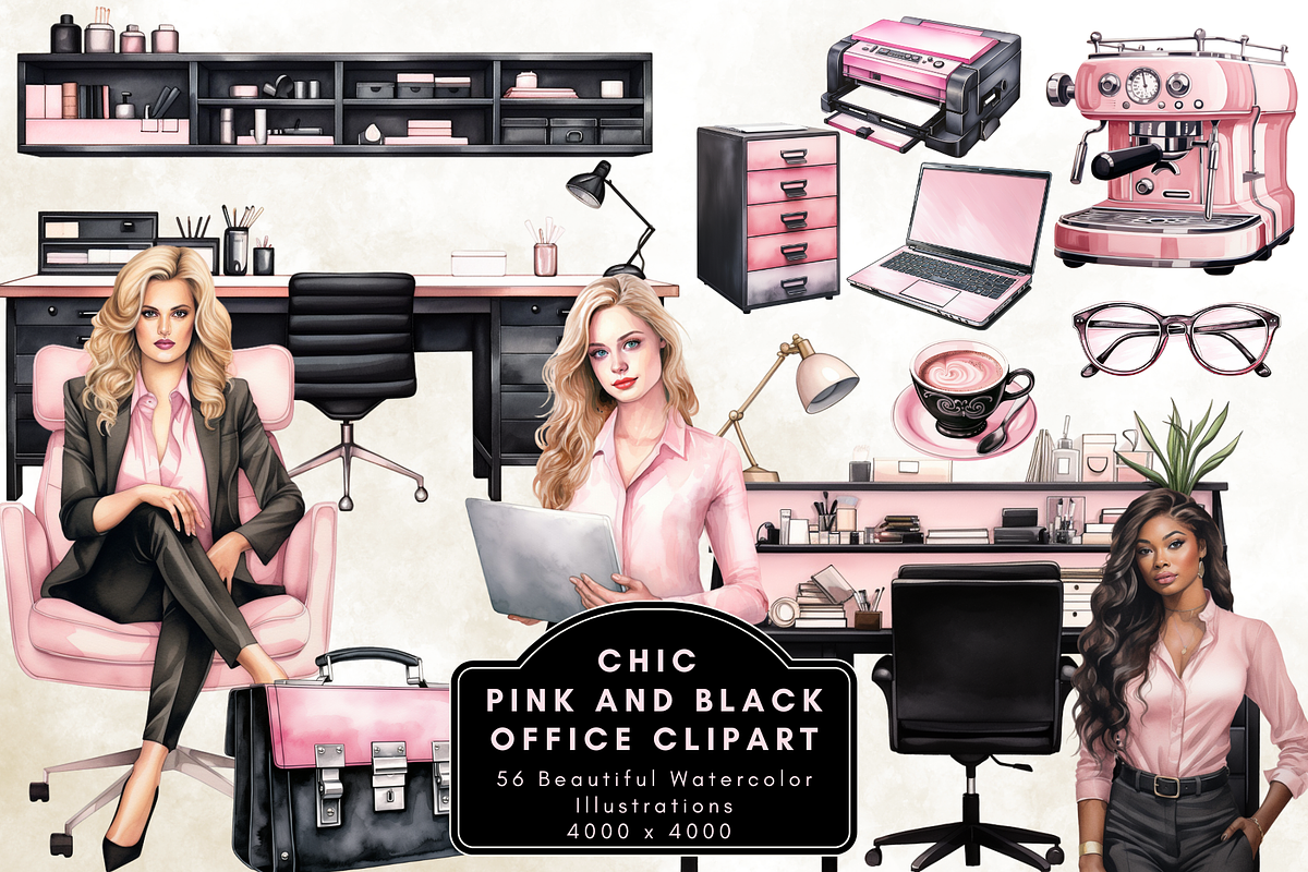 Black and Pink Office Clipart, an Illustration by NadiaTheronArt (Photo 1 of 5)
