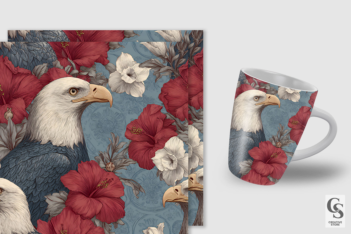 American Floral Eagle Digital Papers, a Pattern Graphic by Creative Store (Photo 2 of 5)
