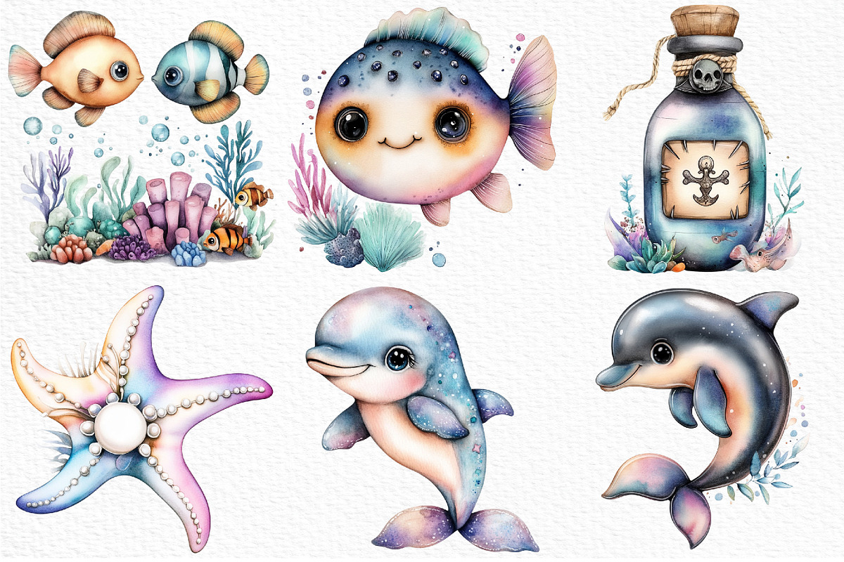 Under the Sea Watercolor Clipart PNG, an Illustration by Craft Nest (Photo 6 of 12)