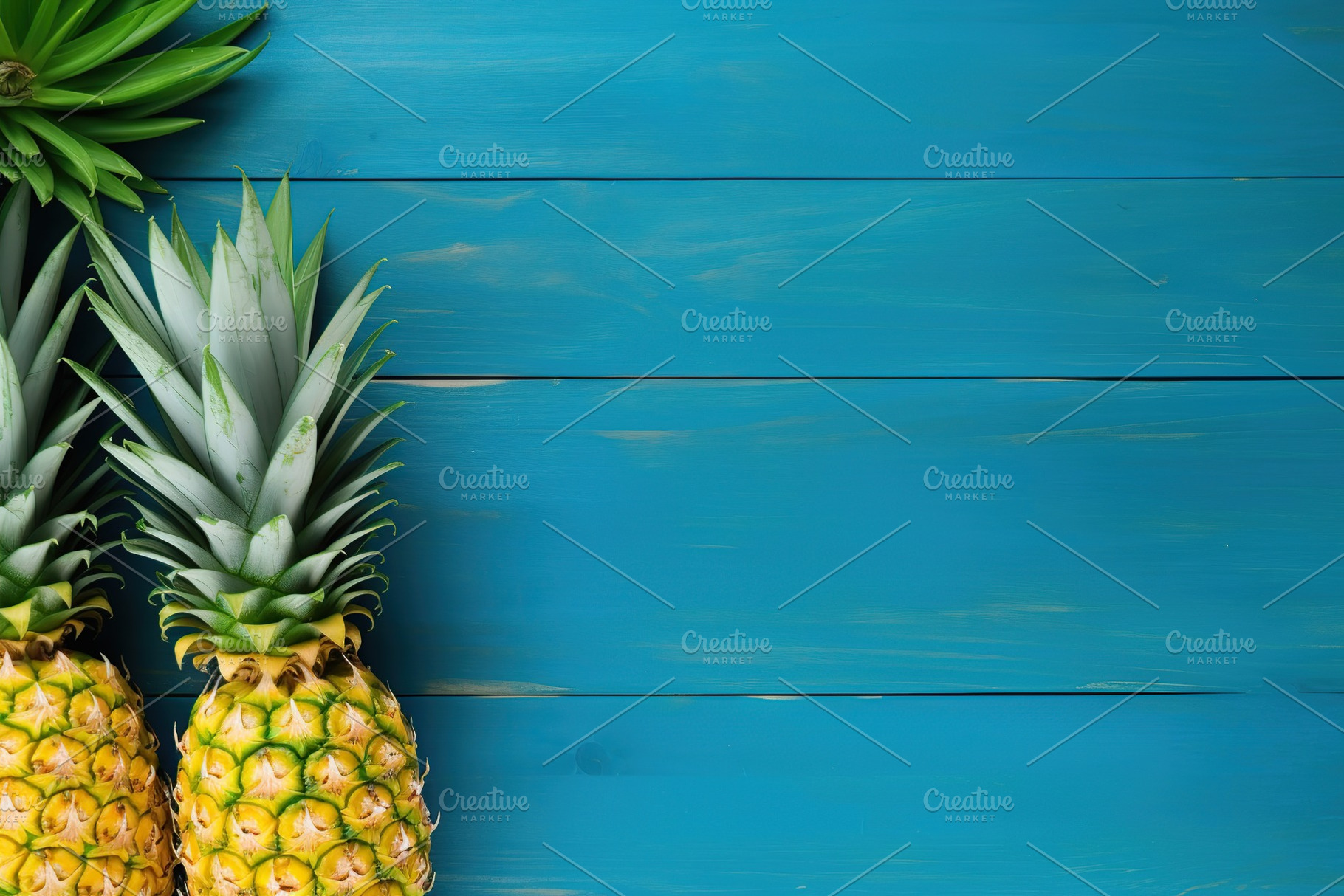 Ripe pineapples with copyspace on wooden background, a Food & Drink Photo by AlyaAnd