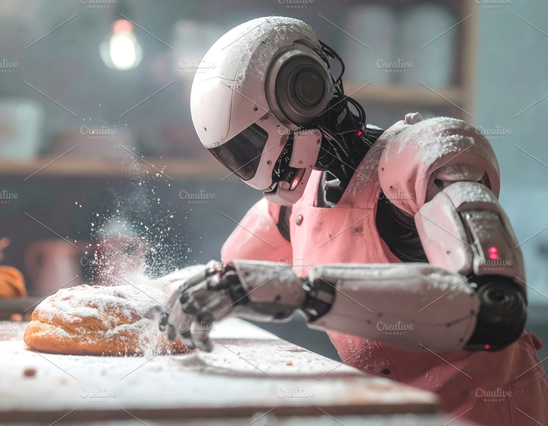 Baking robot in pink apron preparing pastry with sugar, a Technology Photo by GoodGoods
