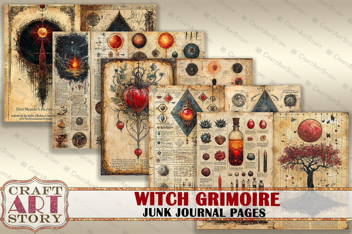Witch Grimoire junk journal Pages, an Illustration by CraftArtStory (Photo 2 of 7)
