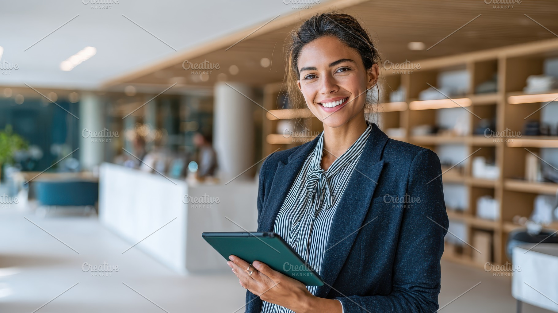Smiling businesswoman holding tablet, a Photo by Pixeness Studio