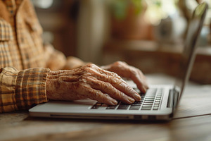 An elderly person's hands typing on a laptop, showcasing the beauty of technolo, a Person Photo by ImageMir