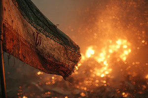 Iranian flag burning fire destructio, a Photo by Pixeness Studio