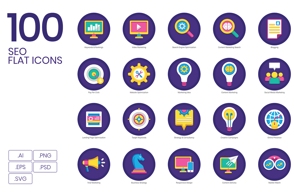 100 SEO & Marketing Flat Icons, an Outline Icon by Flat Icons (Photo 1 of 5)