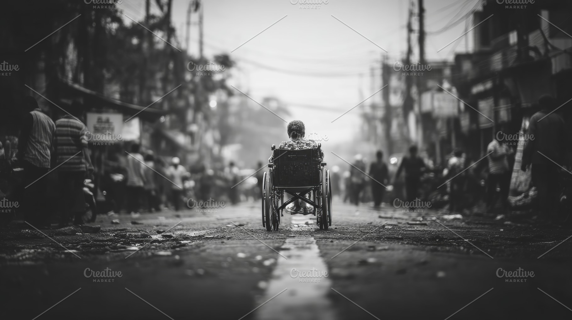 Person in a wheelchair on a crowded street in black and white, a Photo by AS photostudio