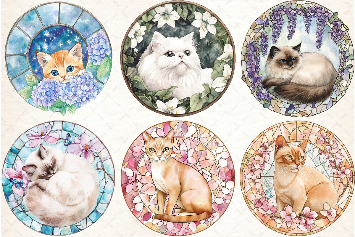 Cat Floral Stained Glass Clipart, an Illustration by Watercolor design (Photo 4 of 4)