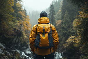 A person in a yellow jacket and backpack stands in a misty forest, surrounded b, a Person Photo by Textures & Backgrounds