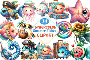 Quirky Whimsical Summer Fishes Clipa, an Illustration by DreamCafeArt