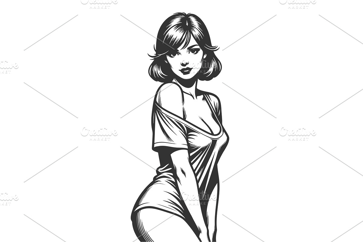 woman in suggestive pose engraving, a Person Illustration by AlexArt