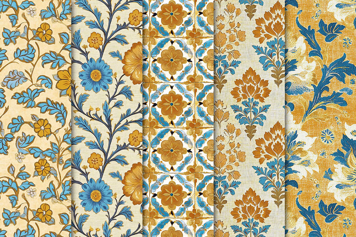 Mustard & Blue Floral Patterns, a Pattern Graphic by Maishop (Photo 3 of 4)