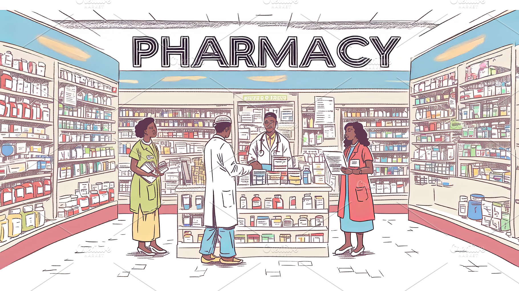 Pharmacists discussing medication in a busy retail pharmacy environment, a Photo by AS photostudio