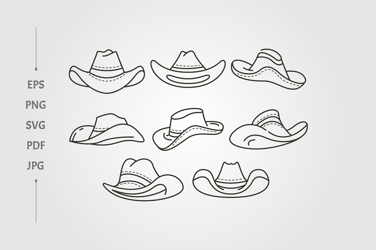 set of cowboy hat line art vector, an Object Illustration by lawoel