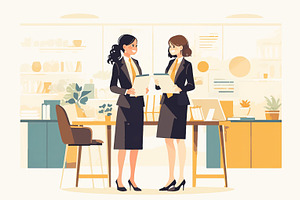 Two professional women discussing work in a modern and stylish office space, a Photo by AS photostudio