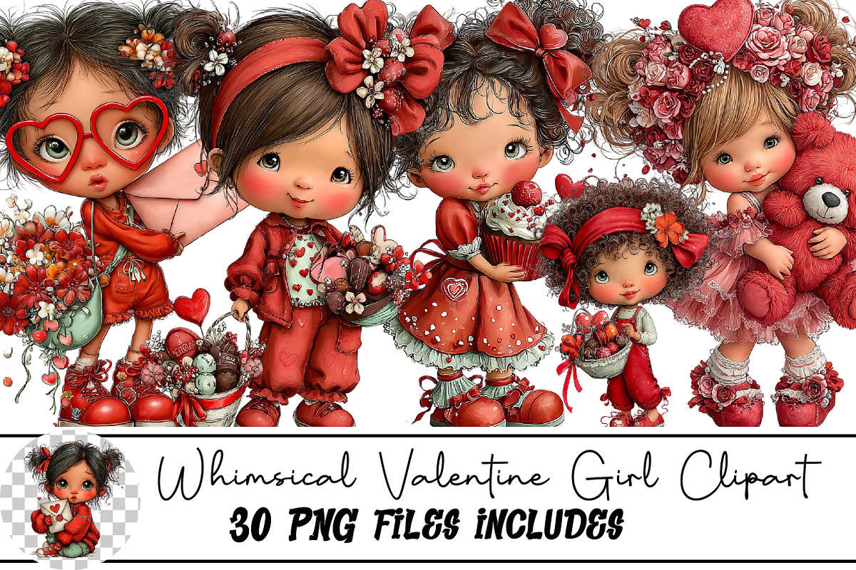Whimsical Valentine Girl Clipart, an Illustration by DreamArtGraphic (Photo 1 of 4)